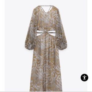 ZARA PRINTED DRESS WITH CUT-OUT DETAIL CAMEL/WHITE SS22 SIZES XS-L REF. 3548/238